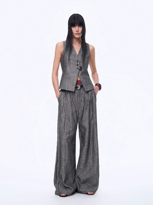 Fireladyfur Women's Linen Suit Set: Draped Vest & High-Waist Straight Trousers"Old Money Space"