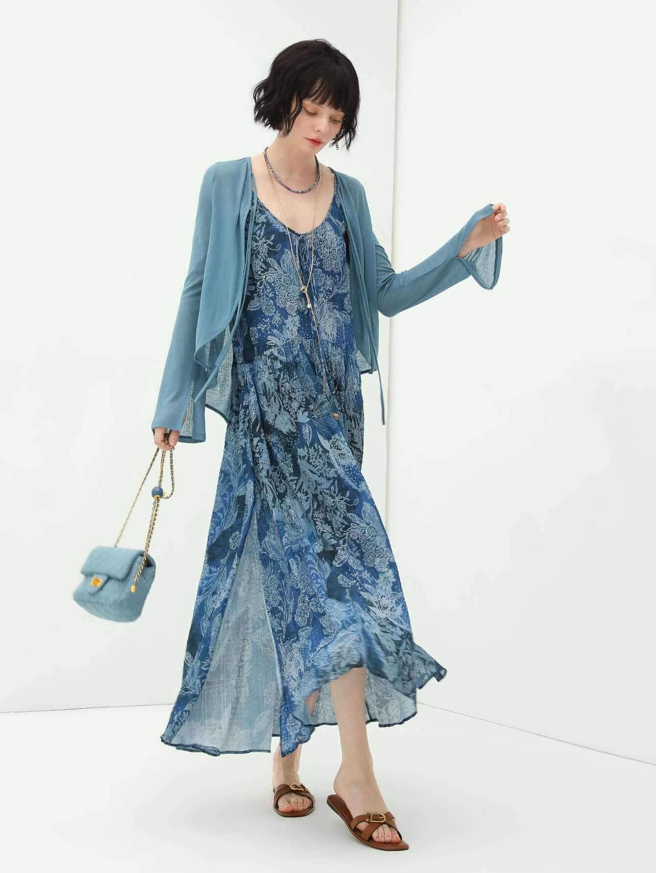 Bohemian Blue Floral Textured Maxi Dress