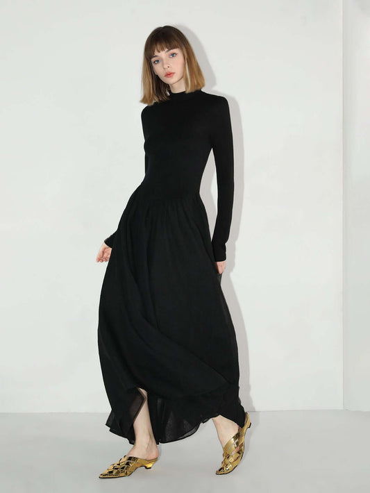 Solid Black Pleated Maxi Dress