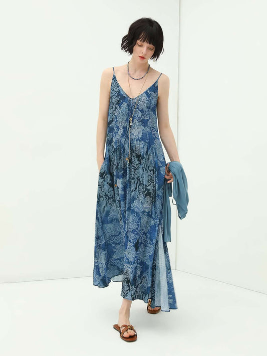 Bohemian Blue Floral Textured Maxi Dress