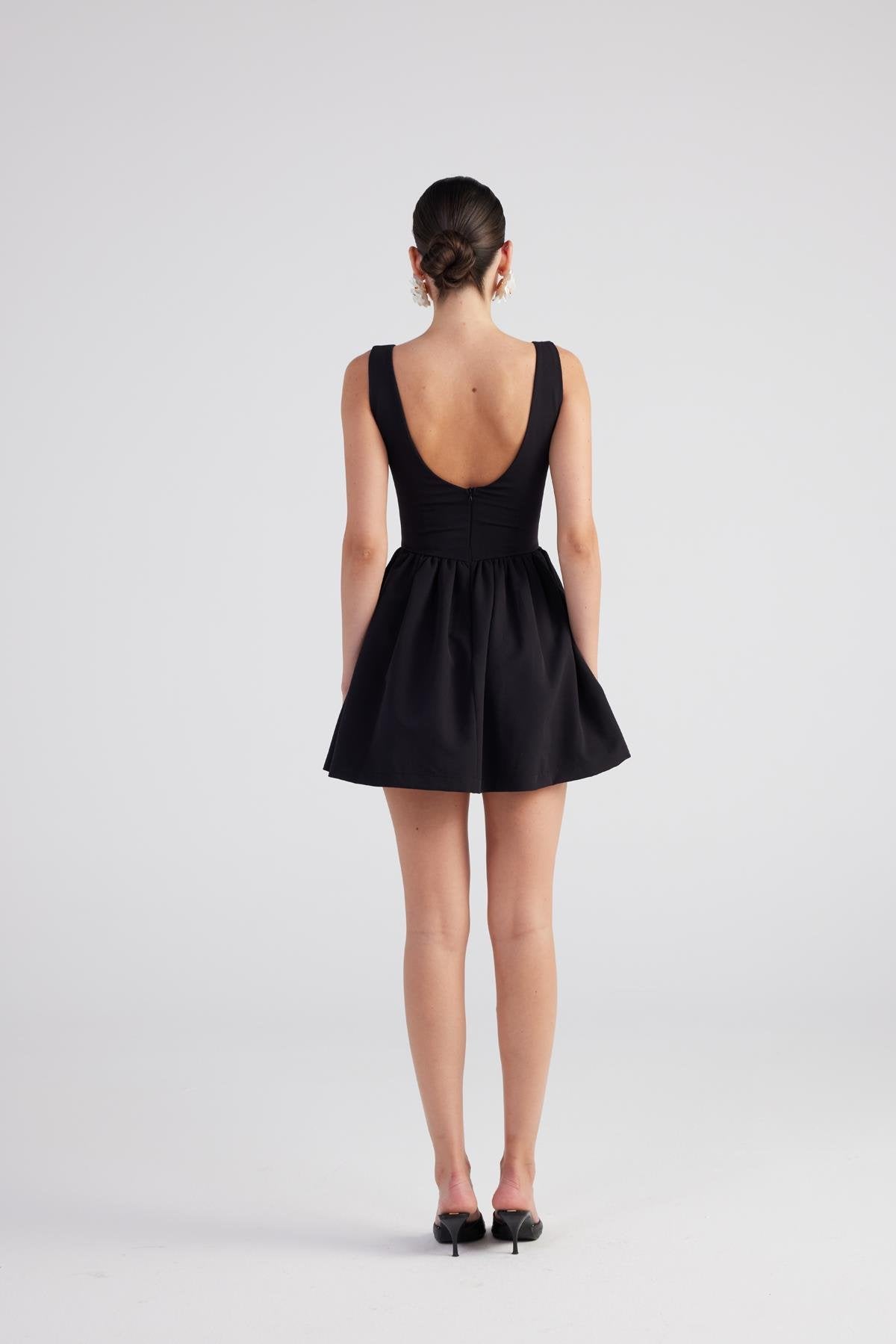 Alena Black Pleated Skirt Mini Dress